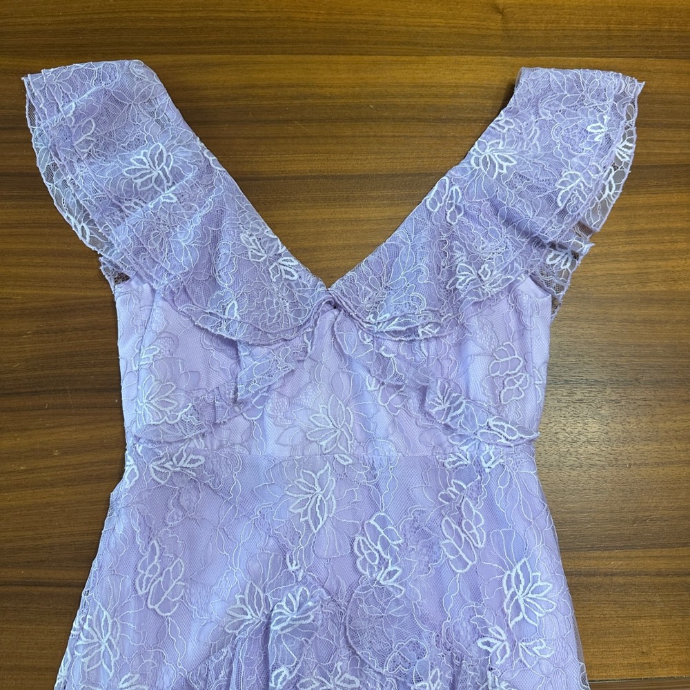 Sau Lee Lavender Lace Rosie Gown, Tiered Skirt Low Back‎ Boho Romantic Formal 10 - Picture 6 of 13